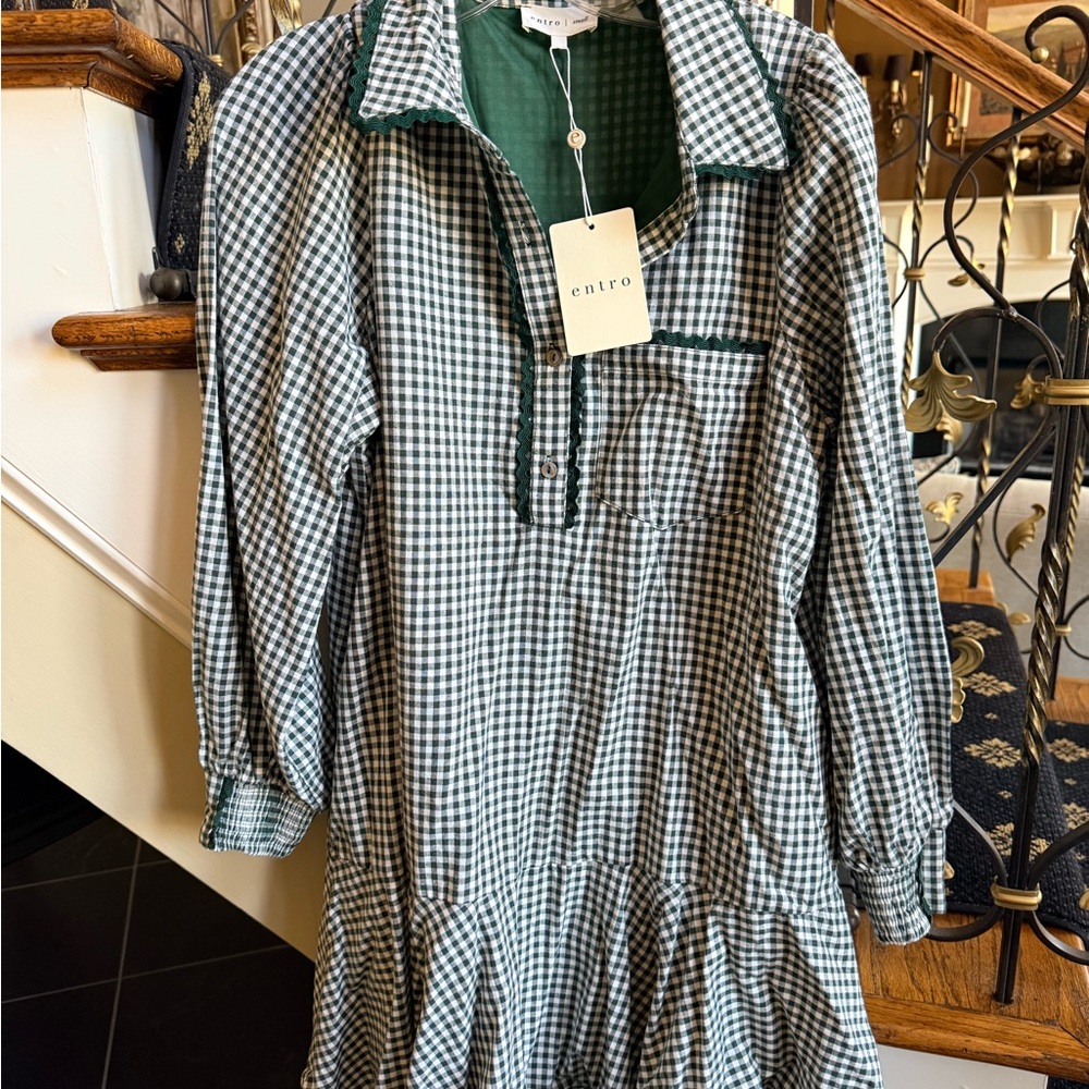 Entro Commander Forest Check Mini Dress. Size S NWT .Lined. Button front. - Picture 2 of 11